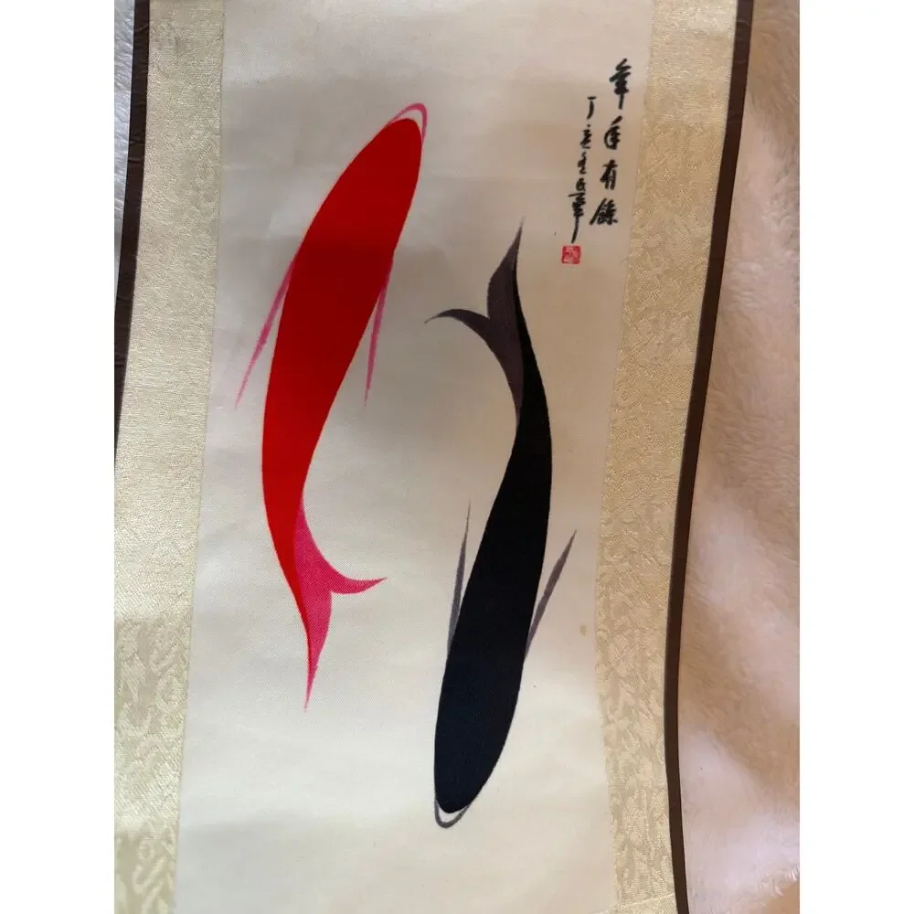 Vintage Japanese Koi Fish Hanging Scroll Silk Wall Art Kakemono Signed 16